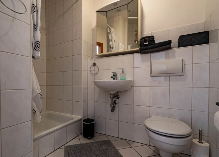Modernes Badezimmer im Apartment 4 der Pension Bärbel Neelen – Dusche und WC